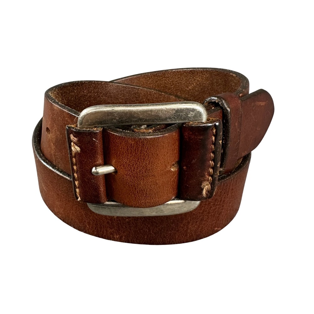 Eddie Bauer Mens Brown Genuine Leather Belt Made in USA Silver Buckle 32 34